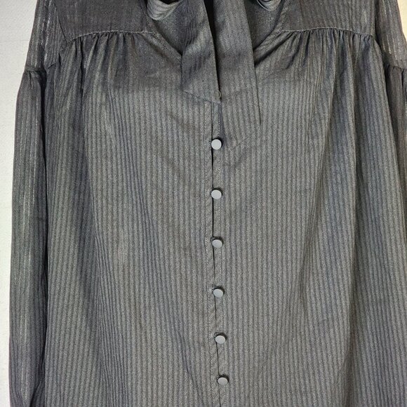 Time and Tru Black Soot Long Sleeve Tie Neck Polyester Relaxed Fit Button Up Top - Picture 6 of 16